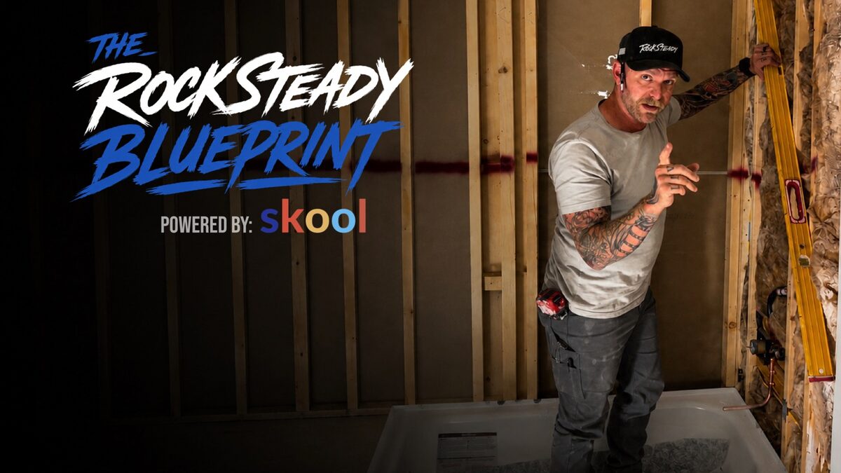 The Rock Steady Blueprint logo over a tradesman framing a tile shower on a real jobsite